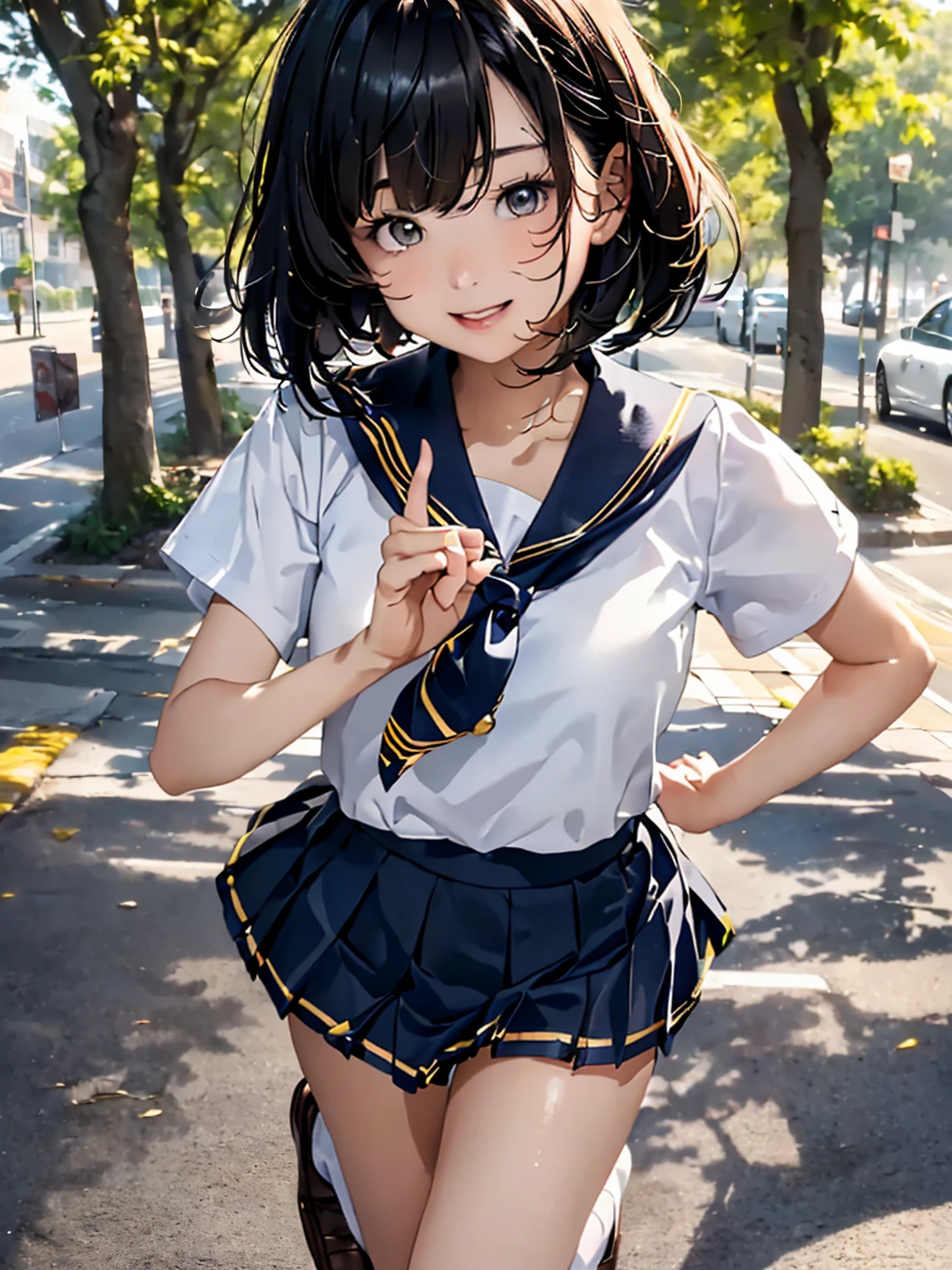 Browsing Caution,(Highest quality, 8k, masterpiece:1.3,beautiful girl), (Very detailed)Glowing Skin,(((Woman 1))),((Short sleeve, cute navy sailor suit, Navy Pleated Skirt, Navy sailor collar, Blue Sailor Scarf, socks, Brown Loafers)), (Perfect Anatomy, Anatomically correct, Very detailed肌),((Golden Eyes)),((Perfect Fingers,Five Fingers)),((Black Hair,Bobcut,)),Natural Makeup,Smile in full bloom、cheeks turn a little red,morning、Tree-lined street、front、She's running、Focus Only、Hairpin wearing、Mole in the eye