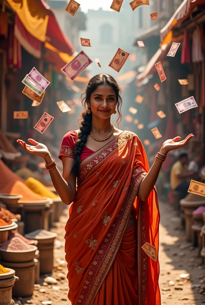 An Indian women with lots of currency notes her hand and around her