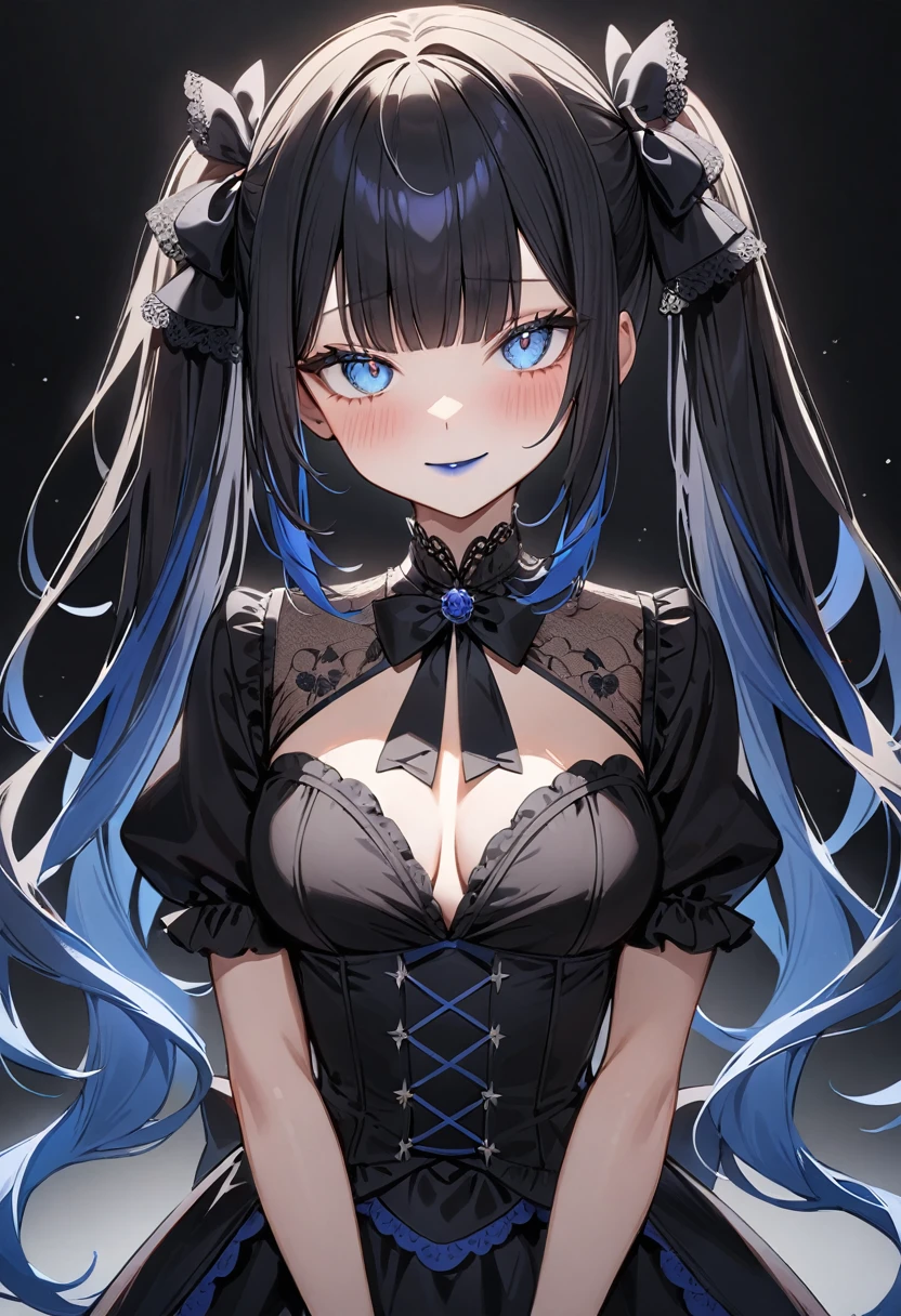 (masterpiece, top quality, very aesthetic, 4k、illustration), intricate detail, 1woman,solo,contrapposto 、(tareme)、Strong glowing eyes、blunt bangs,Fair skin,(upper body)、lfingersmile 、twintails、(Blue lipstick),beautiful face、Blushing,(gradient hair)、multicolored hair,middle hair,sidelock ,blue　eyes、gothic lolita dress、medium breasts、slender 、