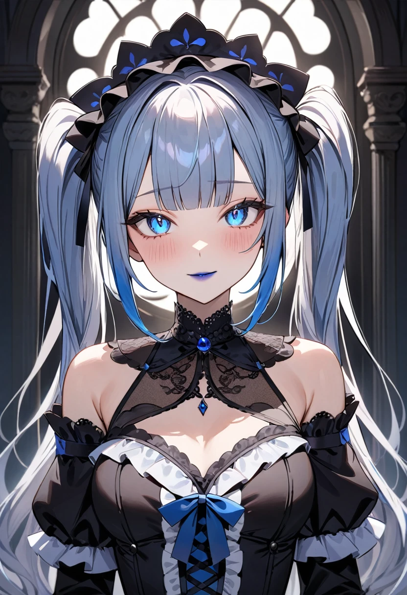 (masterpiece, top quality, very aesthetic, 4k、illustration), intricate detail, 1woman,solo,contrapposto 、(tareme)、Strong glowing eyes、blunt bangs,Fair skin,(upper body)、lfingersmile 、twintails、(Blue lipstick),beautiful face、Blushing,(gradient hair)、multicolored hair,middle hair,sidelock ,blue eyes、gothic lolita dress、medium breasts、slender 、