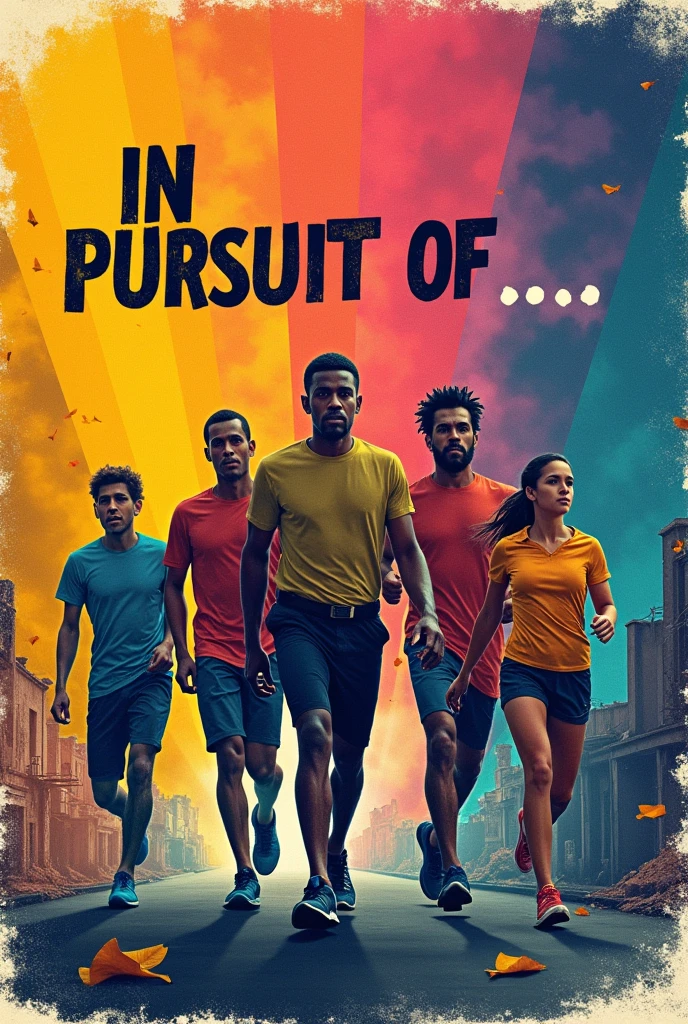 Design a vibrant and dynamic poster titled 'IN PURSUIT OF...' featuring six diverse people: 4 men and 2 women. The characters should include a standard man, a man with a leg injury, a man dressed as a cleaner, a man depicted as a runner, a woman, and a age girl without faces and poster is based on unemployment." Indian play

