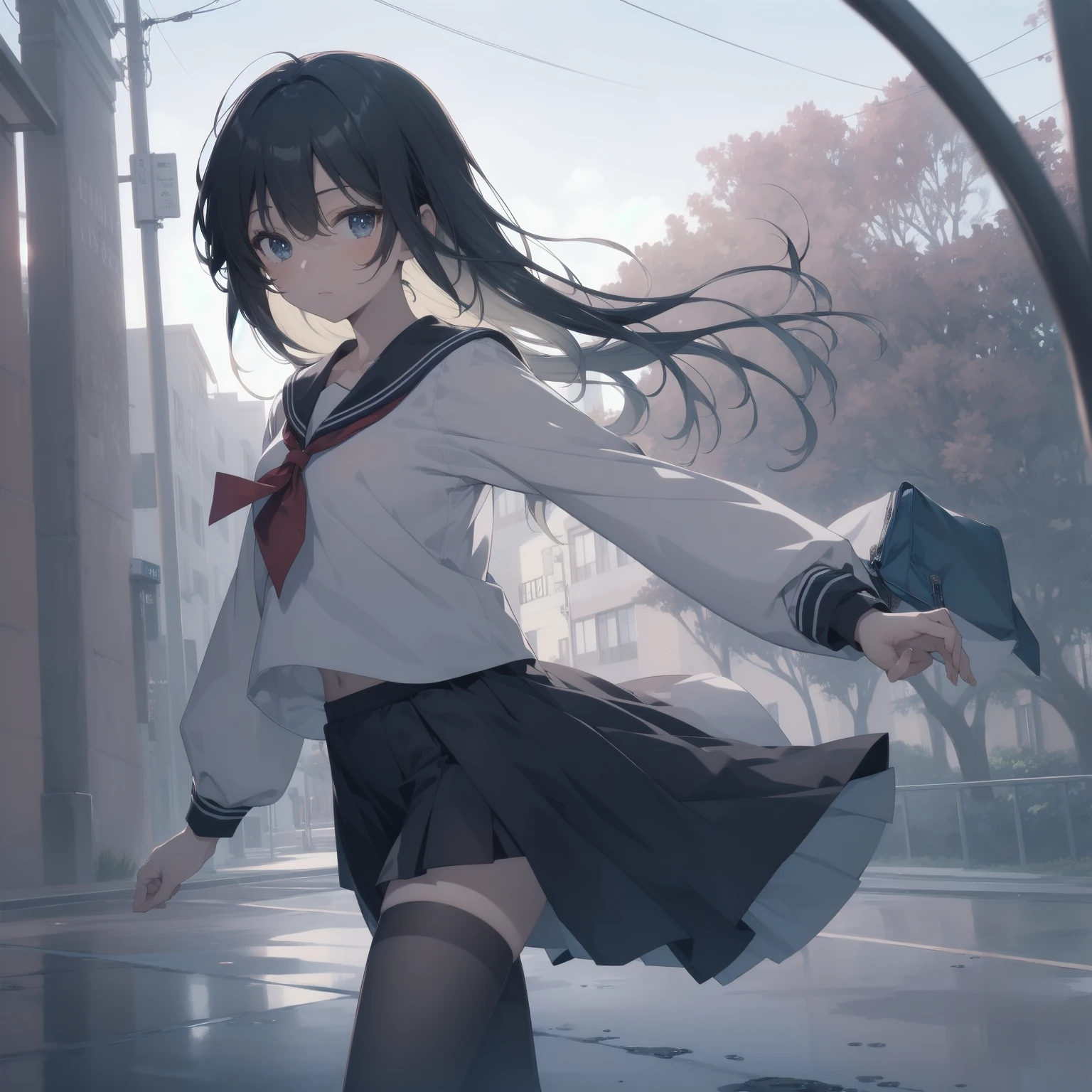 ultra-absurdres-Top quality by artist God, ultra-detailed, high resolution, anime moe artstyle, best anime 8k konachan wallpaper, pixiv contest winner, pool:2810, perfect anatomy,break, 1girl, (Please draw a girl walking sleepily to school alone. )break,(Solo,little female, 13-year-old:1.3),Full limbs, complete fingers,a junior high school student, (very short hair), short cut, flat chest, , small butt, small black eyes, beautiful detailed eyes, well-proportioned iris and pupils, expressive eyes, highres detailed hair, soft expression, salor school_uniform, sailor collar, serahuku, bow, pleated skirt,(Detailed Lighting), (Detailed background), in the School commute route. break,super detailed skin, Best cinematic lighting powered by famous artist, 8k,beauty illustration,photoshop_(medium),very aesthetic,break,((artist:izumi_tsubasu )), artist:clamp ,artist:carnelian ,artist:kantoku ,
