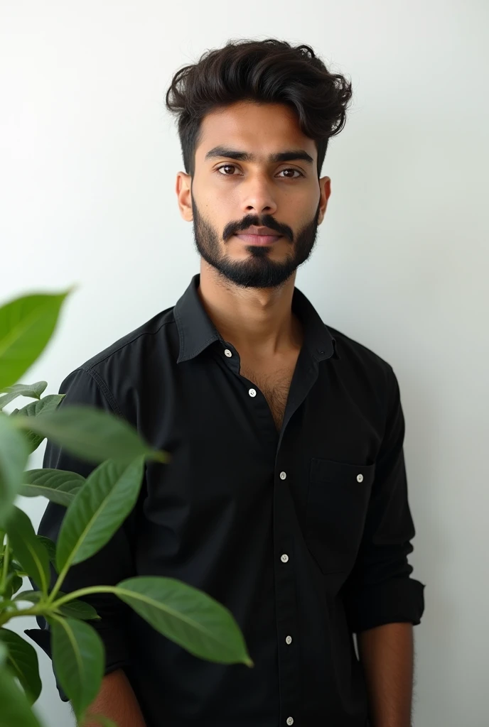 A handsome 20 years old indian boy , photoshoot, white background with green plants , simple pose , rough dry face skin , full body view , black shirt ,  with beard and moustache , 