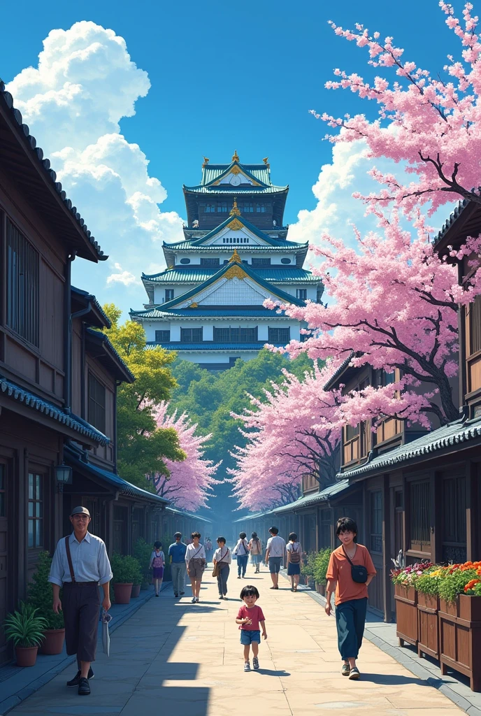 "A bright, peaceful morning in Hiroshima, 1945. The city is bustling with people going about their day, unaware of the impending disaster. The streets are filled with civilians, traditional Japanese buildings, and the iconic Hiroshima Castle in the background. The sky is clear, and the city looks vibrant and alive."