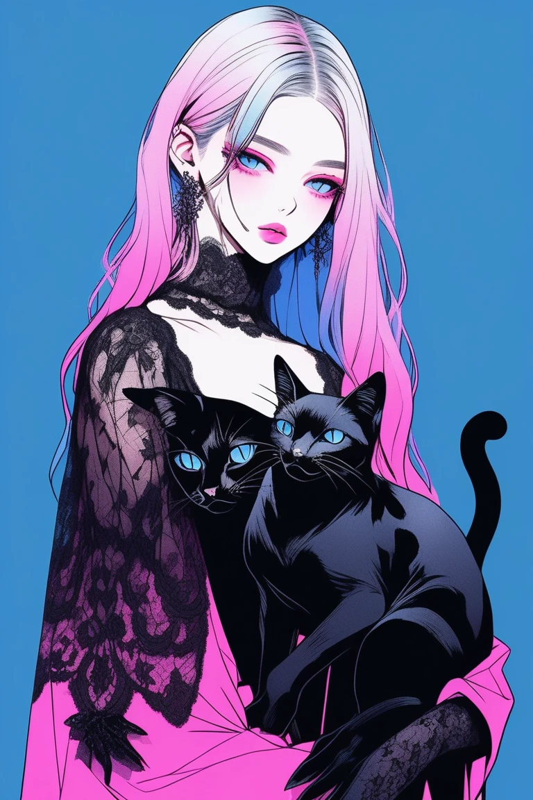 Illustrator, anime , Realistic ,sketch , 1 person, model, Age 25, lip, A sheer black gothic dress with a lot of lace, order, Blue and pink gradient background, Neon Medium Hair, Big Breasts, look back, Upper Body, Holding a black cat, Sexy look, Texture Trim, Canadian, (masterpiece,Highest quality)