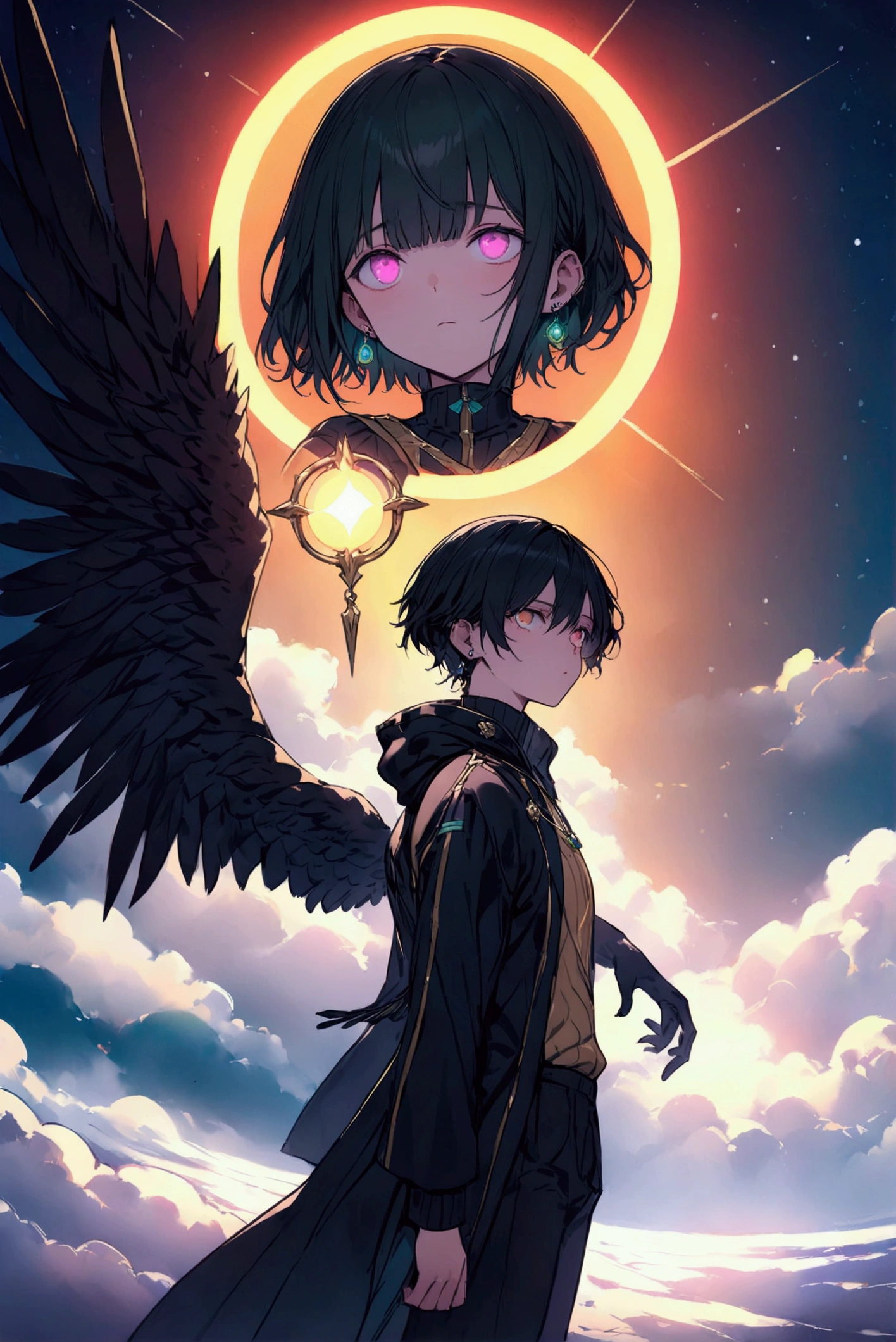 ((master piece)) Anime-style illustration, high-quality, 8k, concept art, divided into parts, inspired by Makoto Shinkai, crisp image, digital painting, trending on ArtStation and Pixiv. The scene has a low-angle perspective, showing two humanoids in full view, separated by a celestial blue energy, positioned at the center of the illustration. The background features a contrasting setting with a closed-sky sunset on the right and a starry night sky on the left, with natural lighting enhancing the ambiance. Both characters have identical appearances: red-gold eyes, curly black hair with green bangs reaching their eyes. The adult, a Fallen Angel with an athletic build, stands upright with a slight arch in his back, arms by his side, looking up at the sky with a blank expression. He wears tight-fitting martial arts robes made of fine black fabric with golden lines, designed with an opening on the back to accommodate his large, detailed wings with dazzling dark feathers. He also wears earrings. The boy, a Mage with a slender build, is in a dynamic pose, right arm raised towards the sky, with a radiant white sphere of sacred energy spinning in his hand, while purple magic glows intensely along his arm. His expression is severe, with furrowed brows showing deep concentration. He wears loose-fitting, cold-weather clothes: black pants with white stripes, a golden shirt, a black jacket with a zipper, and a gray sweater, along with a necklace featuring a blue sapphire. A floating illusory pentagram appears behind him, glowing with symbols of light and darkness.