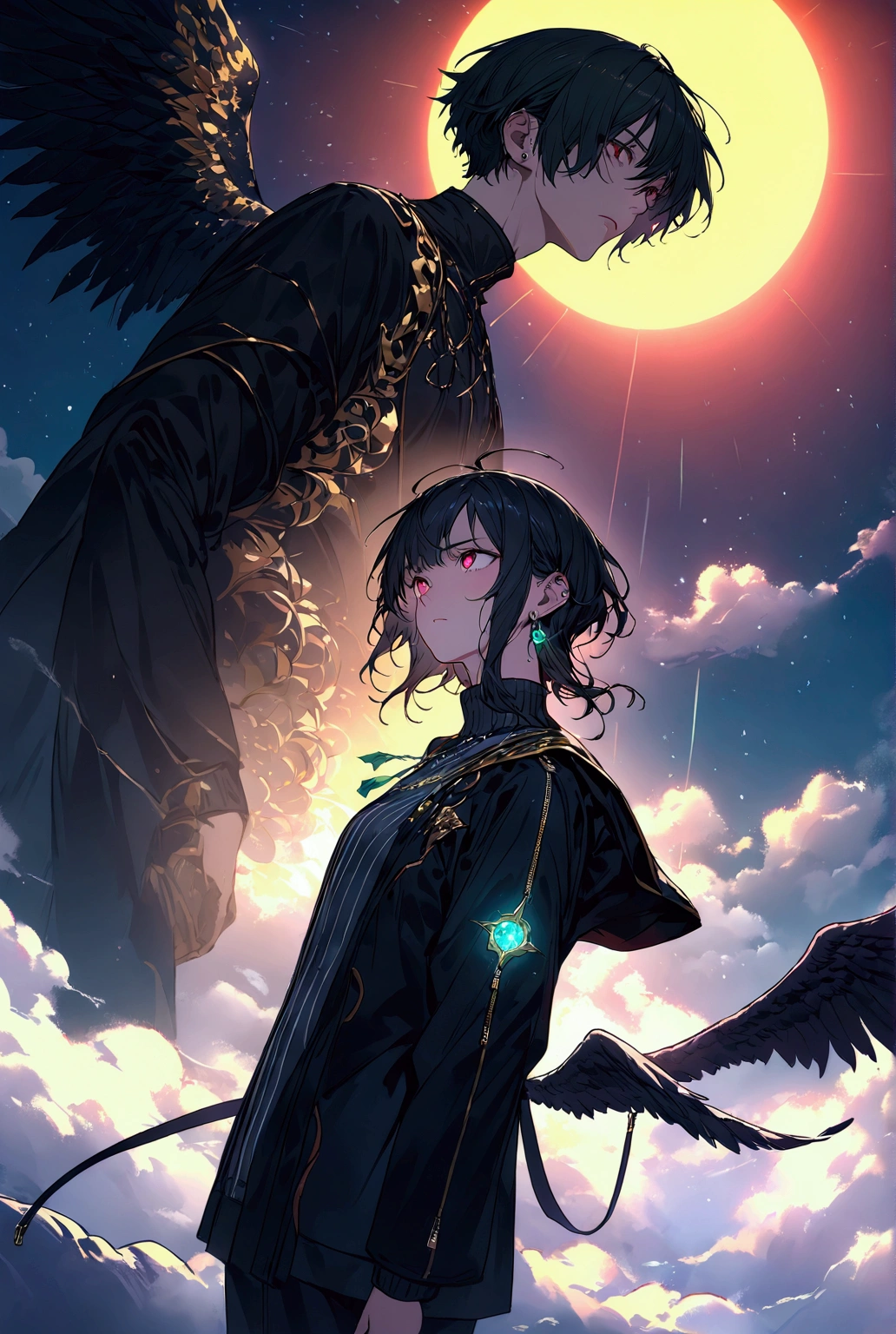 ((master piece)) Anime-style illustration, high-quality, 8k, concept art, divided into parts, inspired by Makoto Shinkai, crisp image, digital painting, trending on ArtStation and Pixiv. The scene has a low-angle perspective, showing two humanoids in full view, separated by a celestial blue energy, positioned at the center of the illustration. The background features a contrasting setting with a closed-sky sunset on the right and a starry night sky on the left, with natural lighting enhancing the ambiance. Both characters have identical appearances: red-gold eyes, curly black hair with green bangs reaching their eyes. The adult, a Fallen Angel with an athletic build, stands upright with a slight arch in his back, arms by his side, looking up at the sky with a blank expression. He wears tight-fitting martial arts robes made of fine black fabric with golden lines, designed with an opening on the back to accommodate his large, detailed wings with dazzling dark feathers. He also wears earrings. The boy, a Mage with a slender build, is in a dynamic pose, right arm raised towards the sky, with a radiant white sphere of sacred energy spinning in his hand, while purple magic glows intensely along his arm. His expression is severe, with furrowed brows showing deep concentration. He wears loose-fitting, cold-weather clothes: black pants with white stripes, a golden shirt, a black jacket with a zipper, and a gray sweater, along with a necklace featuring a blue sapphire. A floating illusory pentagram appears behind him, glowing with symbols of light and darkness.