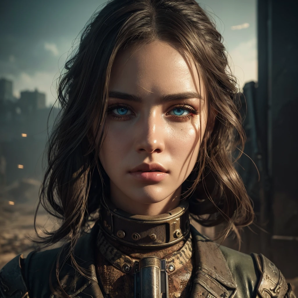 a highly detailed portrait of a captivating female gunslinger standing in a post-apocalyptic wasteland, glitch wave style, beautiful detailed eyes, beautiful detailed lips, extremely detailed eyes and face, long eyelashes, masterpiece, 8k, photo-realistic, cinematic lighting, dramatic moody lighting, intricate details, vivid colors, cinematic composition