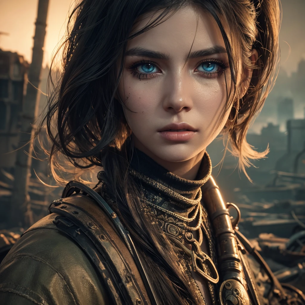 a highly detailed portrait of a captivating female gunslinger standing in a post-apocalyptic wasteland, glitch wave style, beautiful detailed eyes, beautiful detailed lips, extremely detailed eyes and face, long eyelashes, masterpiece, 8k, photo-realistic, cinematic lighting, dramatic moody lighting, intricate details, vivid colors, cinematic composition