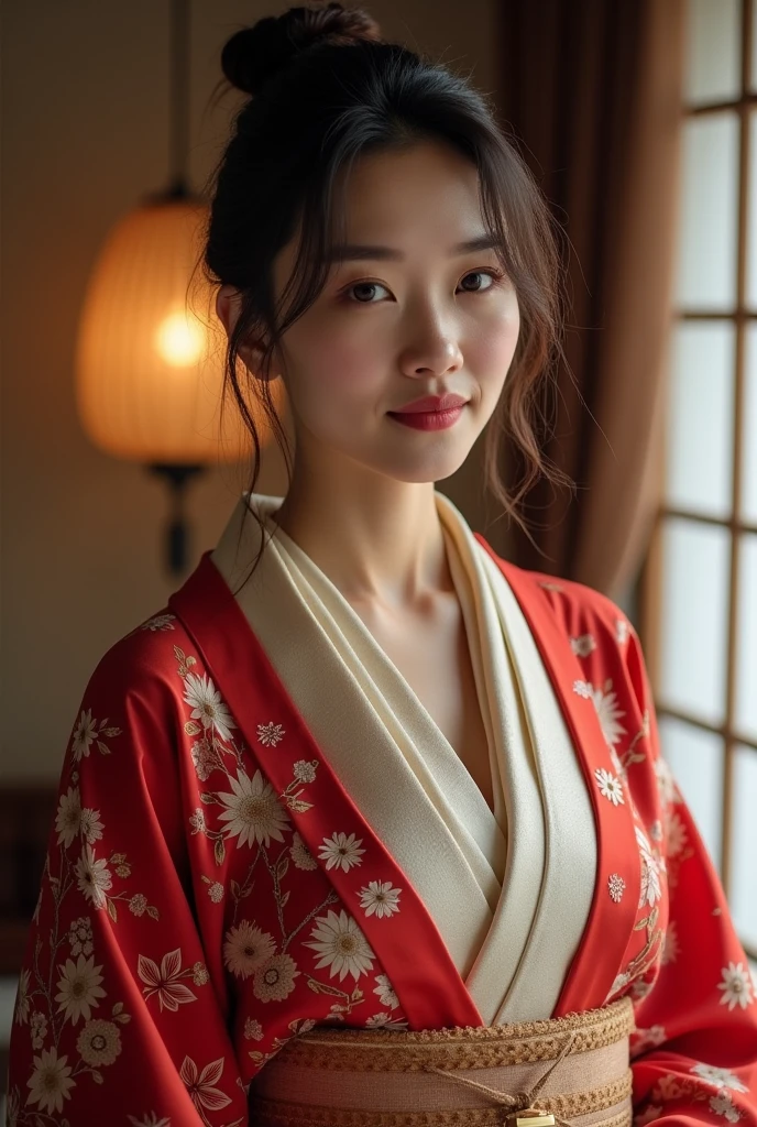 (Highest quality、Tabletop、8k、Best image quality、Award-winning works)、(A beautiful 50-year-old Japanese woman:1.1)、(The proprietress of a luxury inn:1.1)、(High-quality kimonos at luxury inns:1.2)、(Kimono that shows the chest:1.1)、(Big cleavage:1.1)、(Unpack the box:1.3)、(Big soft breasts:1.1)、(Big cleavageを露出する:1.1)、Perfect mature woman portrait photo、Shine Skin、Standing Elegantly、(Blurred elegant luxury hotel background:1.3)、(The most natural and perfect tidy luxury inn background:1.2)、(The most moody and romantic:1.2)、(Tyndall effect:1.1)、Great cinema lighting、(The most atmospheric and warm lighting:1.1)、Shine White Skin、Very white skin、(Accentuate your body lines:1.1)、(The most graceful posture:1.2)、Perfect beautiful glossy lips、(Accurate anatomy:1.1)、(A perfect and elegant outfit:1.1)、(Standing with good posture:1.1)、(Face close-up:1.2)、Hair Bun、Perfect classy makeup、beautiful光沢のある唇、Shine, beautiful, Perfect Skin、(look at me with cold eyes, Blank look:1.3)