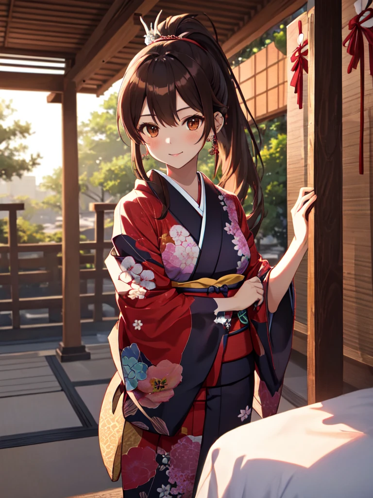 kimono, The background is a shrine, first visit of the year to a shrine, Cute face:1.5, Petite:1.5, 15 years old, Long Hair:1.5, ponytail, Brown Hair, uhd, retina, masterpiece, ccurate, anatomically correct, textured skin, super detail, high details, high quality, best quality, highres, 4K