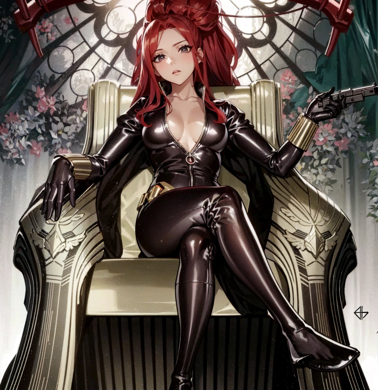 The image depicts a red-haired girl sitting on a throne. She sports a sleek skin-tight shiny black latex bodysuit with a deep-cut zipper neckline revealing a large chest, the silver zipper running down the front. The suit is complemented by her golden wrist guard on both wrists and a belt of shiny golden circles around her waist. The girl is portrayed as holding a gun in each of her hands, highlighting a sense of power and assertiveness. The backdrop consists of architectural features and the colour palette predominantly includes shades of gray.