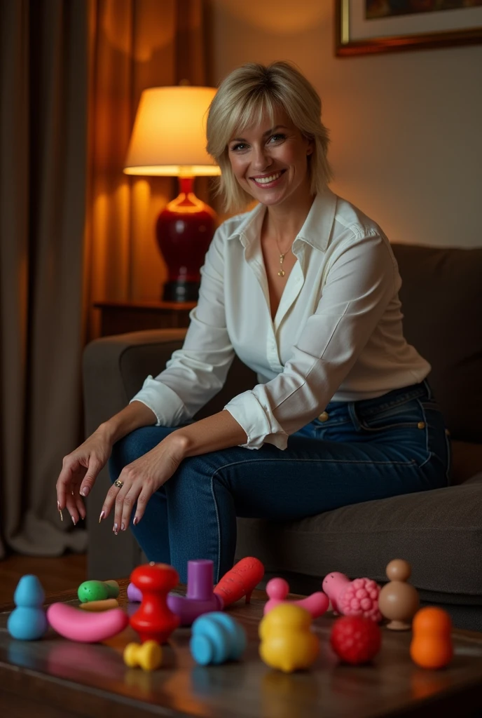 short blonde haire. She has an hourglass figure, massive breasts. ,Wide hips (implants), Prominent buttocks (implants). She's fully clothed, not naked or topless.
Warm interior of her home, with subdued lighting creating an intimate, welcoming ambience.
Woman seated on a comfortable sofa, dressed in a shirt, skinny jeans that show off her figure, and stilettos that add a touch of sophistication
Coffee table in front of her, carefully arranged with a selection of (sextoys penis dildos:1.5) in various shapes, vibrant colors and textures
She presents each piece with a knowing smile, confidently explaining the particularities and uses of each model
In a relaxed atmosphere, she shares amusing anecdotes and tips on exploring sensuality, creating a genuine connection with her audience
Light-hearted and fun exchanges, she encourages questions, making the experience interactive and engaging, while emphasizing the importance of self-knowledge and pleasure
An authentic moment of sharing, celebrating freedom of expression and personal fulfillment in a cosy, stylish setting.
