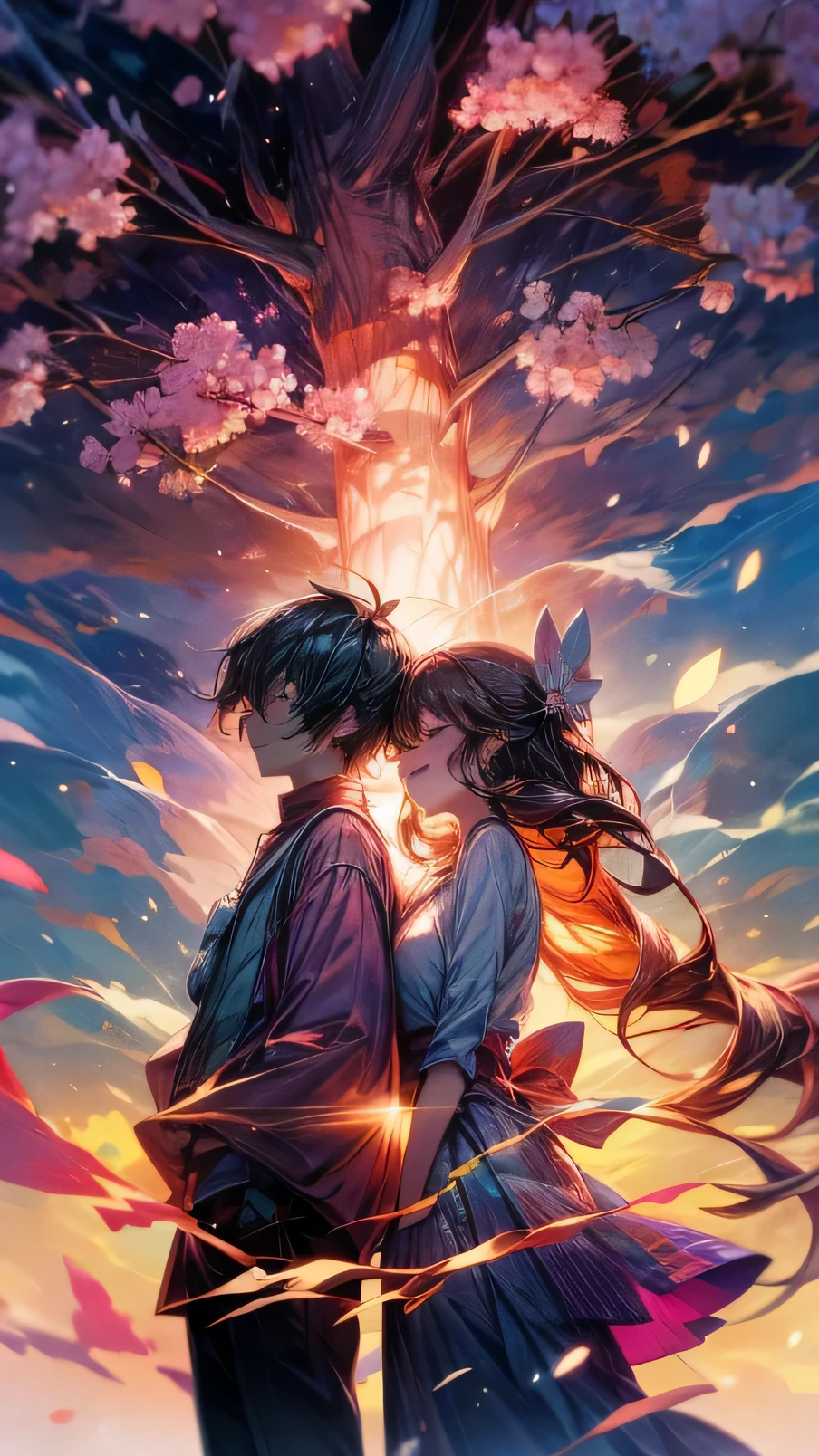Radiant faces, a couple, colorful sunset, cherry blossom tree 