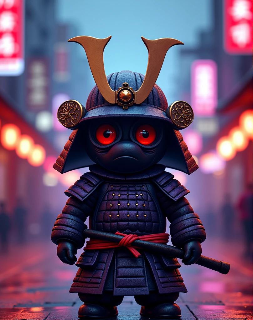 A caricature animation nijistyle cute ((samuray-japan)), mask-samuray detailed comic-book, body detail enhanced, glowing golden black blue-lavanda neon lights, insane pose, cityscape of tokio Mediaeval in the background, cinematic lighting, best quality, 8k, highres, masterpiece, ultra-detailed, realistic, photorealistic, photo-realistic, intricate Mediaeval details, advanced dark technology, dramatic shadows, moody color palette, aesthetics, dynamic lighting, cinematic composition
