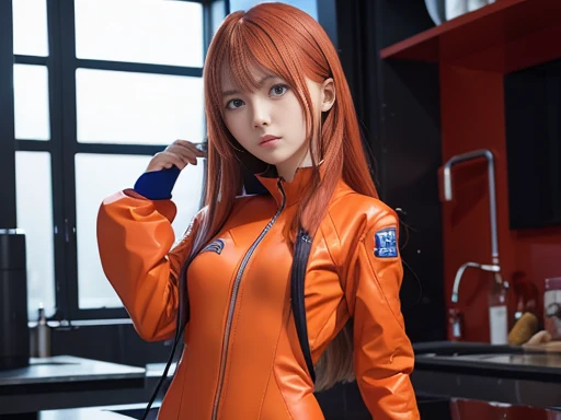 souryuu_asuka_langley, orange hair, long hair, blue eyes, plugsuit, red bodysuit, skin tight,