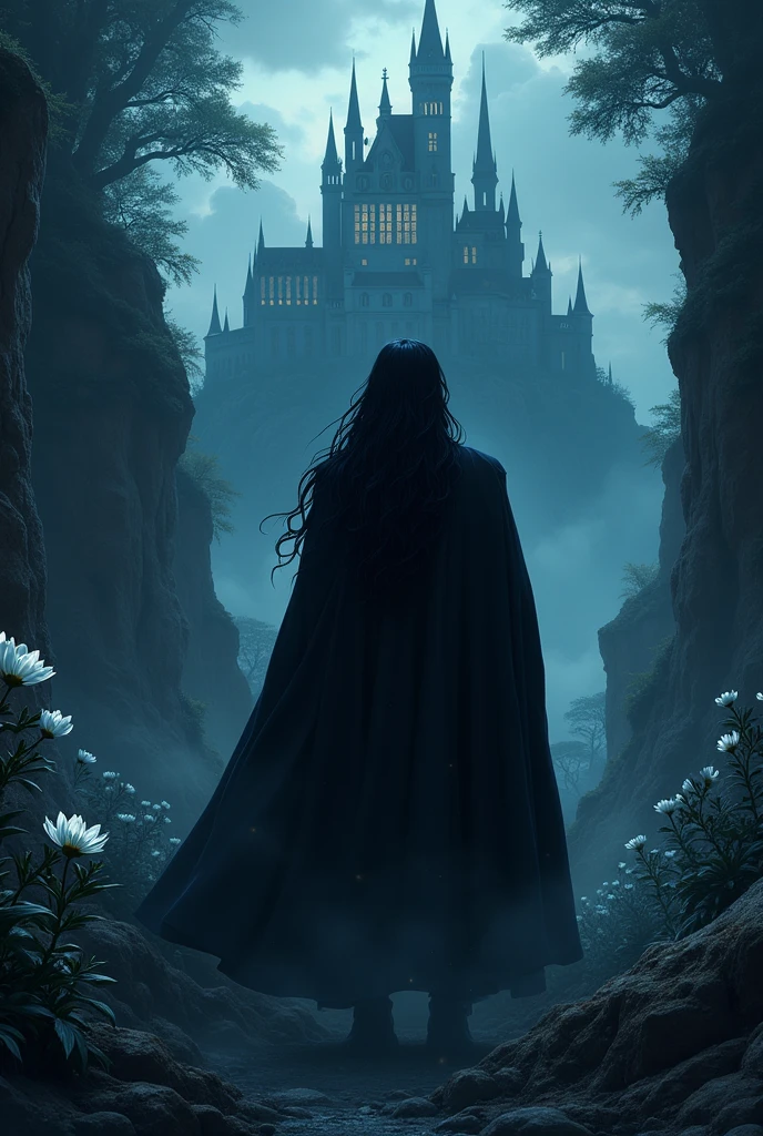 Create a man with the power to manipulate energies, with long black hair and a blindfold that detects enemies on his face within the abyss in anime style, black flowers on his side and an immense castle