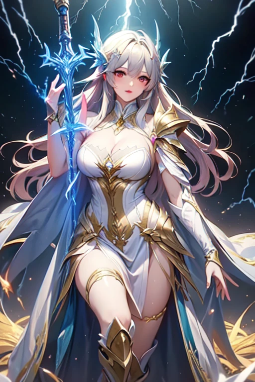 super realistic image, high quality uhd 8K, of (1 god girl, Hilyn), detailed realistic ((athletic body, high detailed)), ((tall model)), (skinny waist), ((beautiful bright blonde long hair)), ((no beard)), high detailed realistic skin, (((powerful and fantastic full armor, divine golden fantasy armor))), (((casting lightning magic spells with great golden fantasy sword))), ((white fur cape)), ((magical hearts of light)), (in guardian position, in the valhalla), real vivid colors, standing