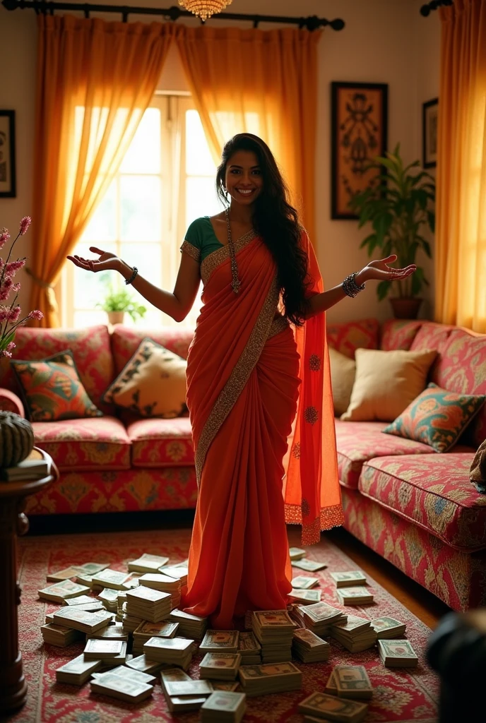 An Indian women with lots of currency notes her hand and around her at home