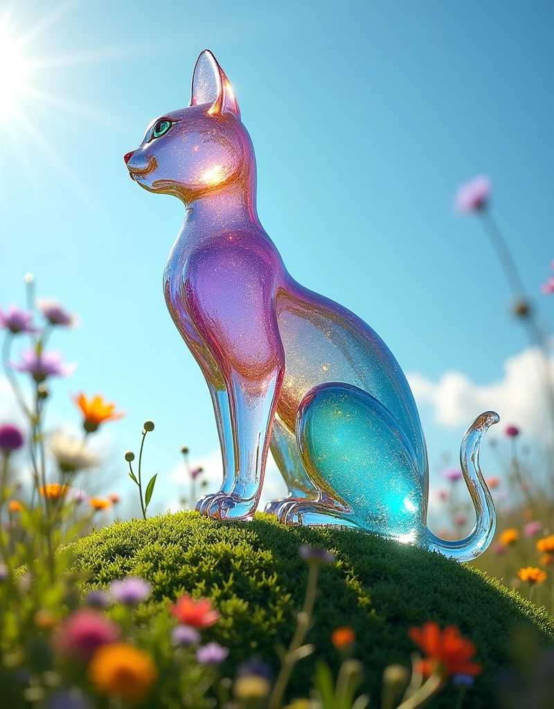 a cat is made of glass, stand on the hill