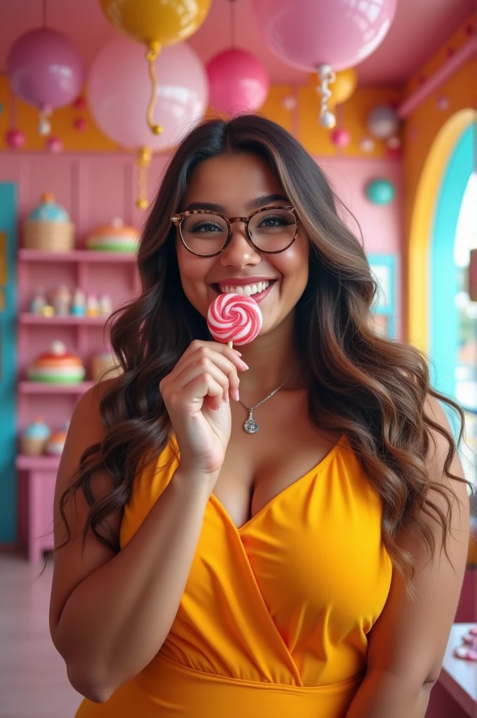 Plus-size woman wearing glasses licking a small lollipop with giant breasts. 