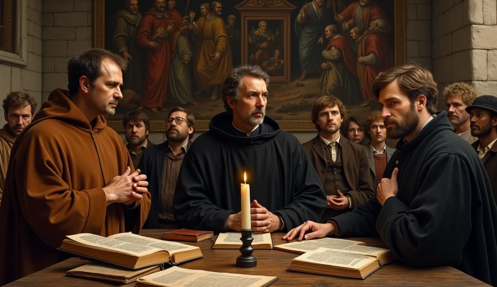 A historical painting or illustration showing the three great reformers of the Protestant Reformation: Martin Luther, John Calvin and Ulrich Zwingli. Luther is portrayed in his monk's robe and expressions of determination, Calvin in period attire with a contemplative gaze, and Zwingli in scholarly attire with a thoughtful expression. They are in a period setting, with books and manuscripts in the background, in a meeting that symbolizes the unity and impact of their ideas on the Reformation