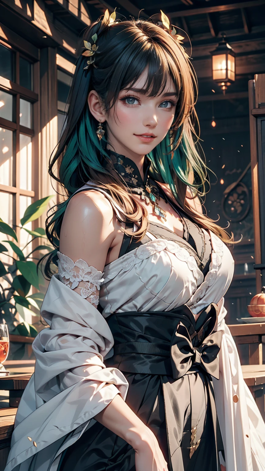 One person, alone, hair ornaments, Green Hair, Twin tails, Long Hair, dress, water,, Mid shot portrait photography (Farzan) From Genshin Impact,, Dark Fantasy Background, Charming grin., By Greg Rutkowski and Walt Disney、Extremely realistic, highly detailed and intricate photorealistic analog style photos。Eyes sharply focused, Cinema Lighting,, , ,超High resolution, High resolution, 8k