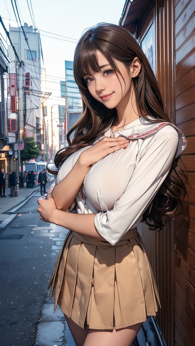 ((Highest quality,4K,High resolution,masterpiece:1.2)),((Character Concept Art)), 1 female, 20-year-old women, ((Shoulder-length brown hair、Hair curled loosely inwards)), (Skin as white as snow), Very detailed eyes (Brown Eye Color), have confidence, beautiful, slim body build, Big Breasts、((Intricate details)), Very finely crafted needles, Very finely crafted fingers(((10 fingers))), ((japanese high school girl uniform :1.3)), (Full-body showcase), (Show whole body),A shy smile、((In the hustle and bustle of the city:1.5))、((Standing with grace、left Hand on her breast:1.５))、((very shy smile:1.5))