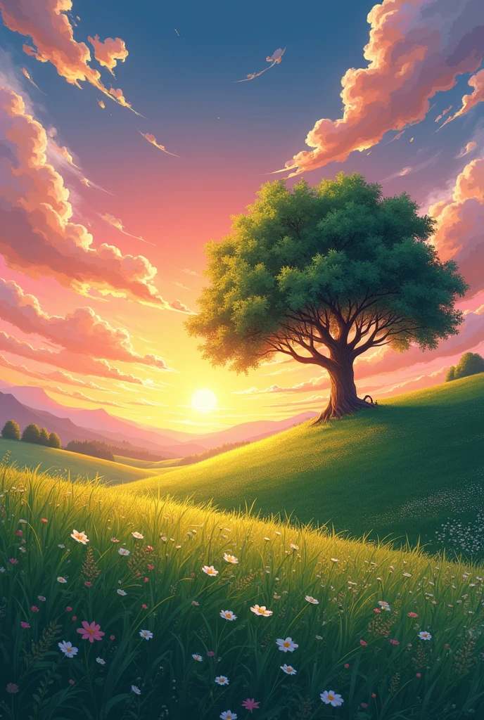 Anime grassland and clouds with a tree and sunset