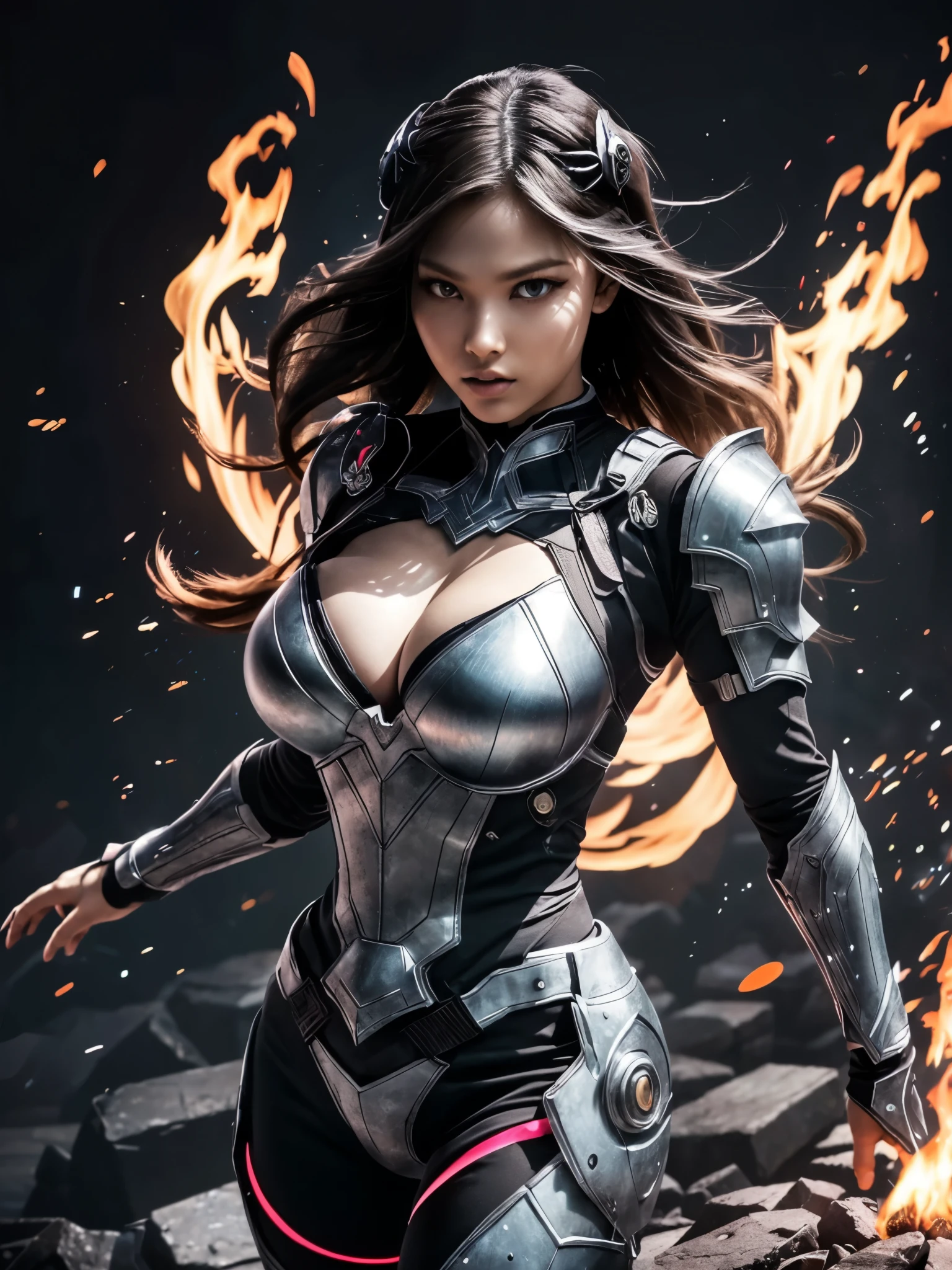 1girl, glowing particles, exoskeleton-like armor, super intricate details, metallic texture, cleavage, (gigantic breasts:1.2), sharp focus, floating fire particles, blurry background, bokeh, high quality, masterpiece, unknown creature, neon pop abstract, cinematic lighting, flowing bubbles, vivid, complex image, powerful and strong, dynamic pose, battle-ready stance, warrior-like presence,
