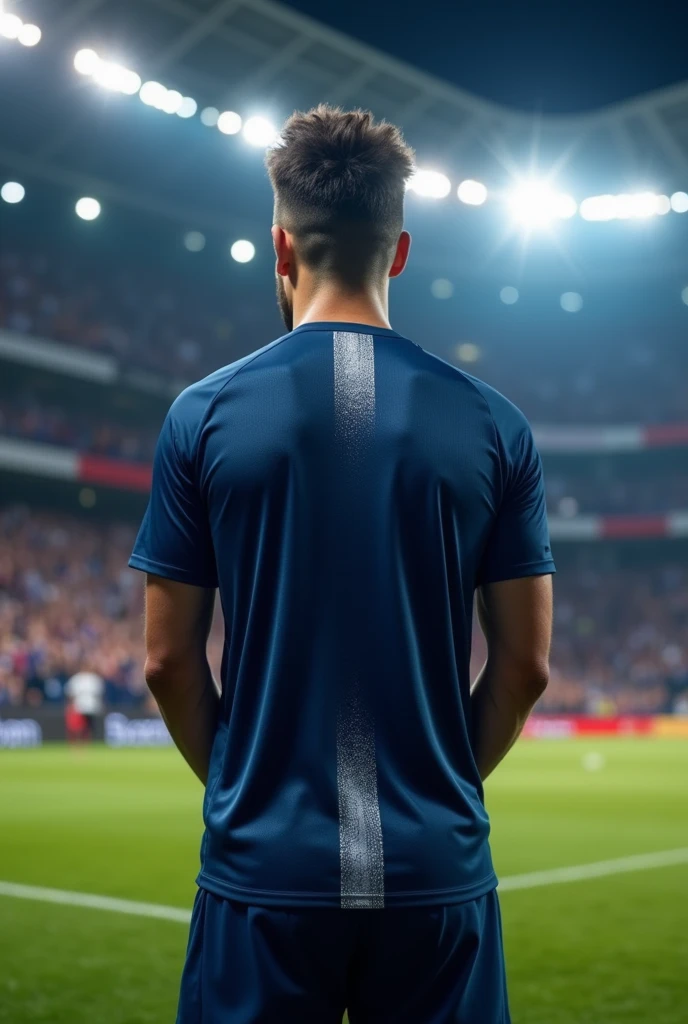 A soccer jersey with base colour if navy and a bit silver