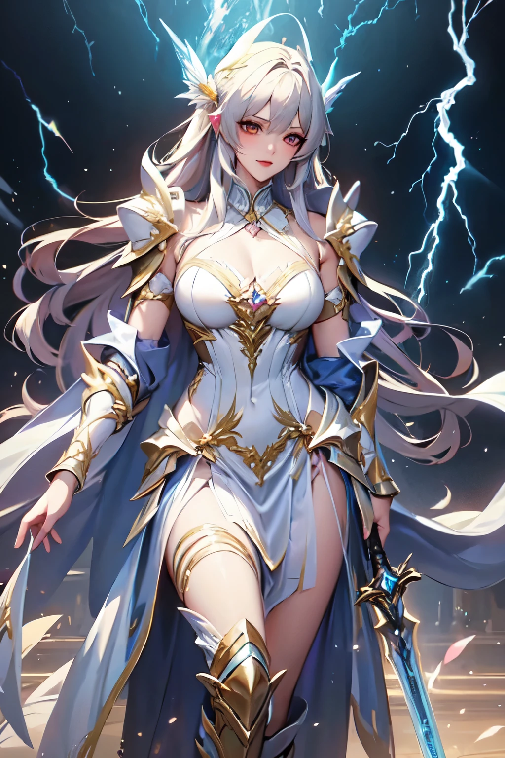 super realistic image, high quality uhd 8K, of (1 god girl, Hilyn), detailed realistic ((athletic body, high detailed)), ((tall model)), (skinny waist), ((beautiful bright blonde long hair)), ((no beard)), high detailed realistic skin, (((powerful and fantastic full armor, divine golden fantasy armor))), (((casting lightning magic spells with great golden fantasy sword))), ((white fur cape)), ((magical hearts of light)), (in guardian position, in the valhalla), real vivid colors, standing