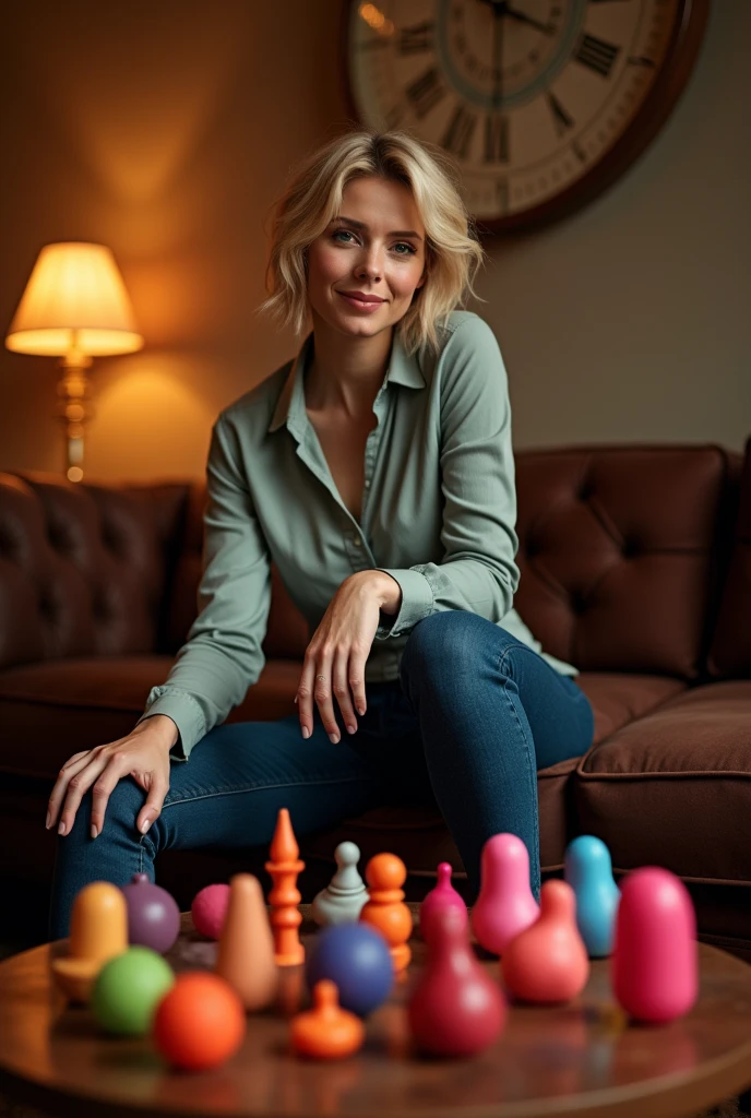 dildo sextoy enthusiast,short blonde haire. She has an hourglass figure, massive breasts. ,Wide hips (implants), Prominent buttocks (implants). She's fully clothed, not naked or topless.
Warm interior of her home, with subdued lighting creating an intimate, welcoming ambience.
Woman seated on a comfortable sofa, dressed in a shirt, skinny jeans that show off her figure, and stilettos that add a touch of sophistication
Coffee table in front of her, carefully arranged with a selection of (sextoys penis dildo:1.5) in various shapes, vibrant colors and textures
She presents each piece with a knowing smile, confidently explaining the particularities and uses of each model
In a relaxed atmosphere, she shares amusing anecdotes and tips on exploring sensuality, creating a genuine connection with her audience
Light-hearted and fun exchanges, she encourages questions, making the experience interactive and engaging, while emphasizing the importance of self-knowledge and pleasure
An authentic moment of sharing, celebrating freedom of expression and personal fulfillment in a cosy, stylish setting.