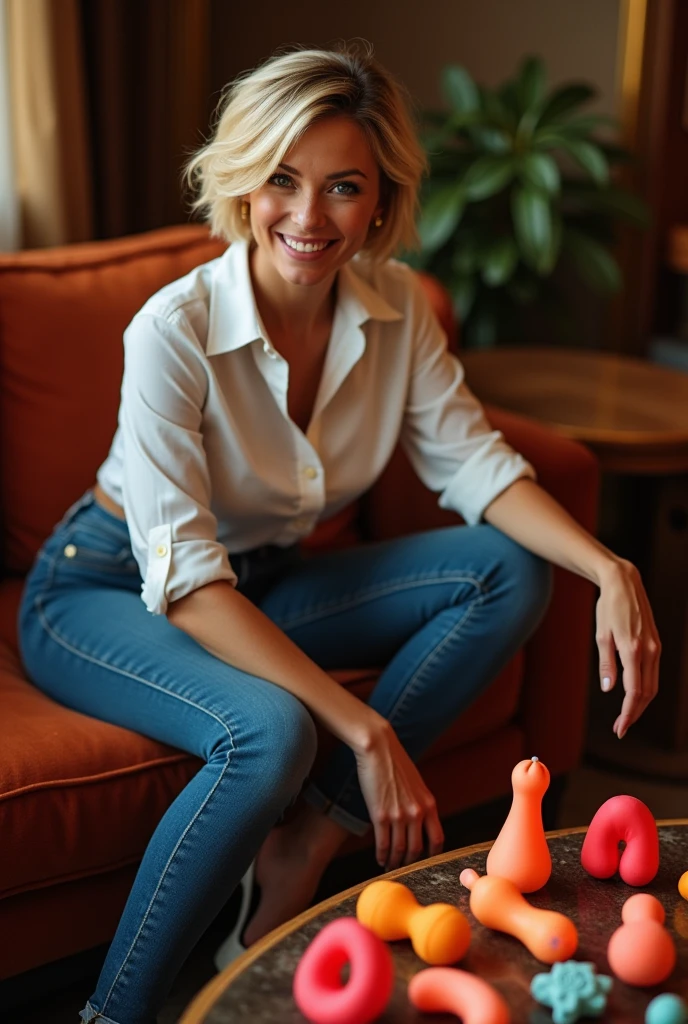 short blonde haire. She has an hourglass figure, massive breasts. ,Wide hips (implants), Prominent buttocks (implants). She's fully clothed, not naked or topless.

Warm interior of her home, with subdued lighting creating an intimate, welcoming ambience.
Woman seated on a comfortable sofa, dressed in a shirt, skinny jeans that show off her figure, and stilettos that add a touch of sophistication
Coffee table in front of her, carefully arranged with a selection of (cum sextoys penis dildos:1.5) in various shapes, vibrant colors and textures
She presents each piece with a knowing smile, confidently explaining the particularities and uses of each model
In a relaxed atmosphere, she shares amusing anecdotes and tips on exploring sensuality, creating a genuine connection with her audience
Light-hearted and fun exchanges, she encourages questions, making the experience interactive and engaging, while emphasizing the importance of self-knowledge and pleasure
An authentic moment of sharing, celebrating freedom of expression and personal fulfillment in a cosy, stylish setting.

