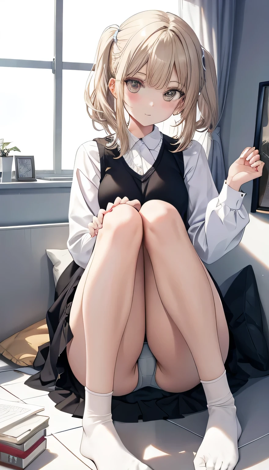 one person's、positive、Setting from below、whole bodyポートレート、Brown haired、Medium Haircut、blush、Absolute area、Knee socks、Knee-length、stockings、pantyhose、レースpantyhose、White underwear、No shoes、White pleated skirt、school uniform、Japanese high school uniform、Summer clothes、Inside the house、Daytime、(Small Tits)、((whole body))、masterpiece、(Highest quality)、
Panties around the ankles
