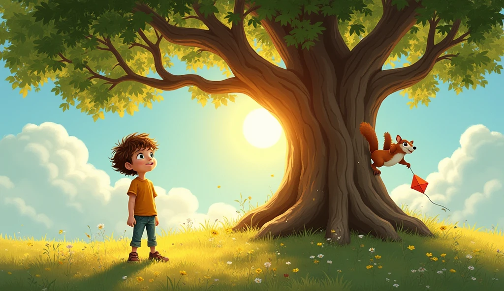 Leo, a young boy with a cheerful smile, Nutty climbing up the tall oak tree with determination. The kite is visible, tangled in the branches above. Leo stands at the base of the tree, looking up with a mix of concern and hope. The focus is on Nutty's agility and Leo’s anxious anticipation.