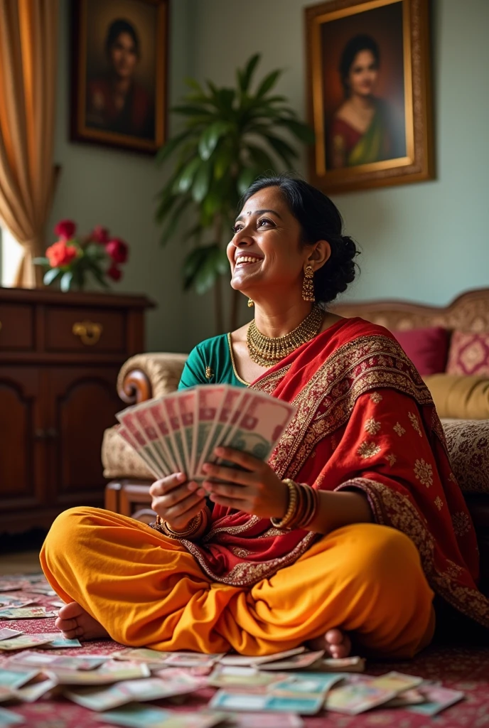 An Indian women with lots of  currency notes in her hand and around her at home