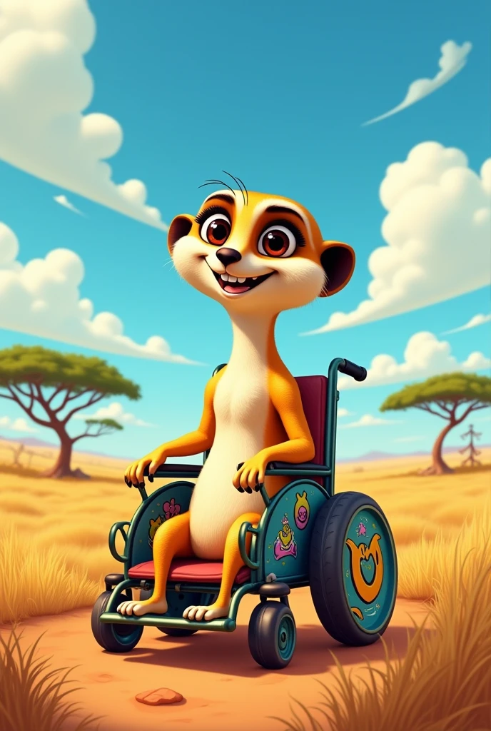 Cartoon adventureous female meerkat sitting in a wheelchair