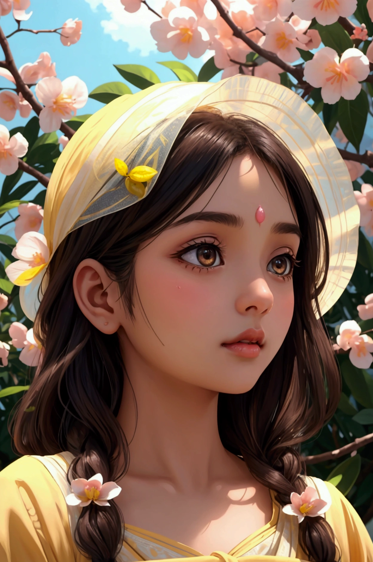 Beautiful and charming Indian woman、Translucent brown skin、Half-body photo、Attractive oval face、double eyelid、Bright peach blossom eyes、Pink Lips、Small Nose、Concentrated face、profile、Looking up at the sky、Face close-up、Ultra-high resolution、Super detailed、Lemon grove、god秘的、A background bathed in light、god々Shii、Yellow dress。
