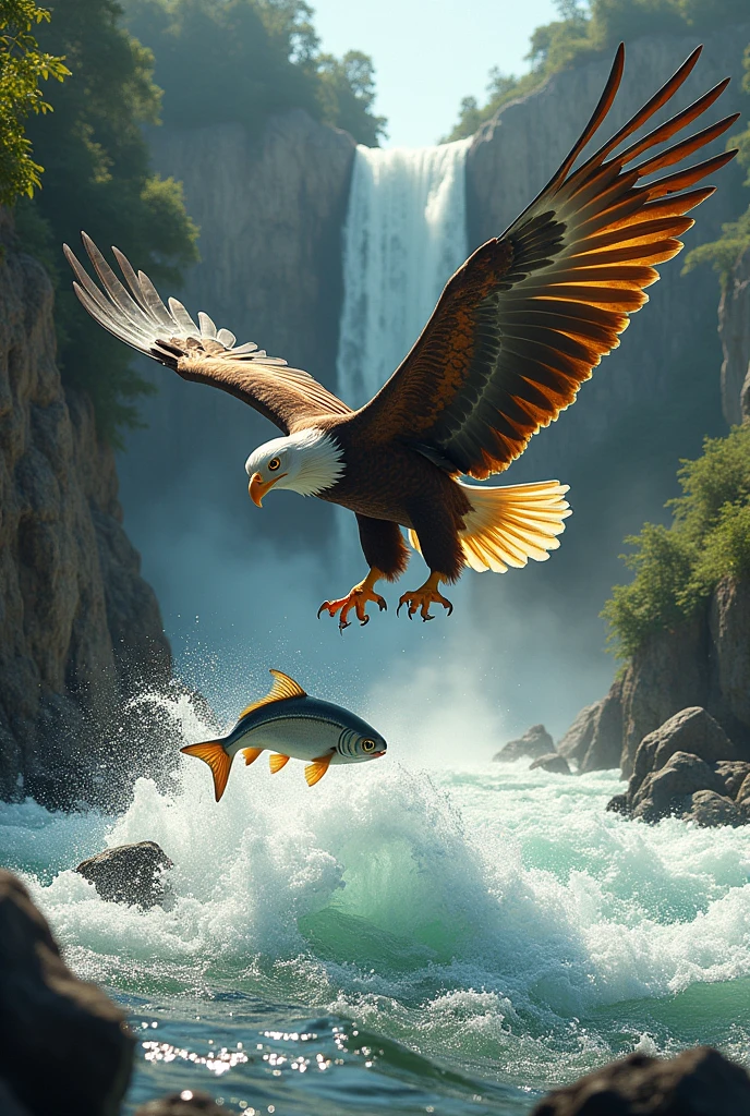 Generate an image of a giant golden eagle catching a white fish in boiling water with its claws tightly gripped