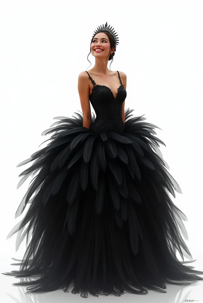 Illustration art digital d'une femme entière souriante, portant une robe noir à plume, une couronne, style Black Swan, centrée sur fond blanc uni