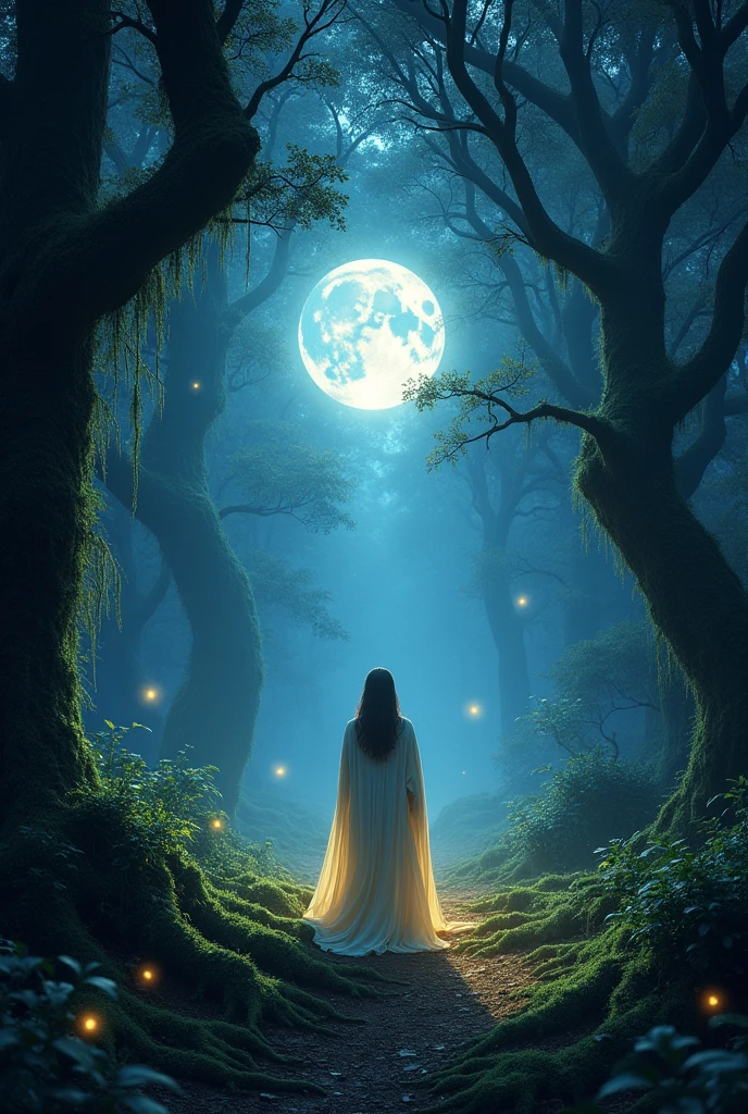 The moonlight filters through dense trees casting an ethereal glow 