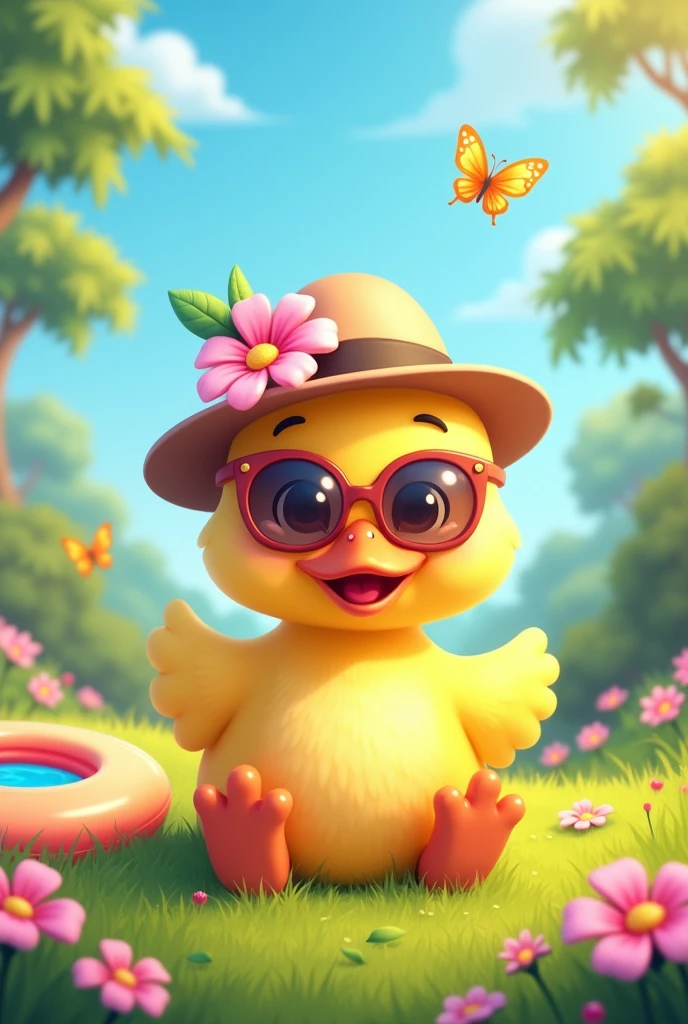 Cute duck,sitting on ground into Green Grass with flowers,soft pink touch,wearing a flowers hat,cartoon,sun butterflys sunglasses,swimming tires