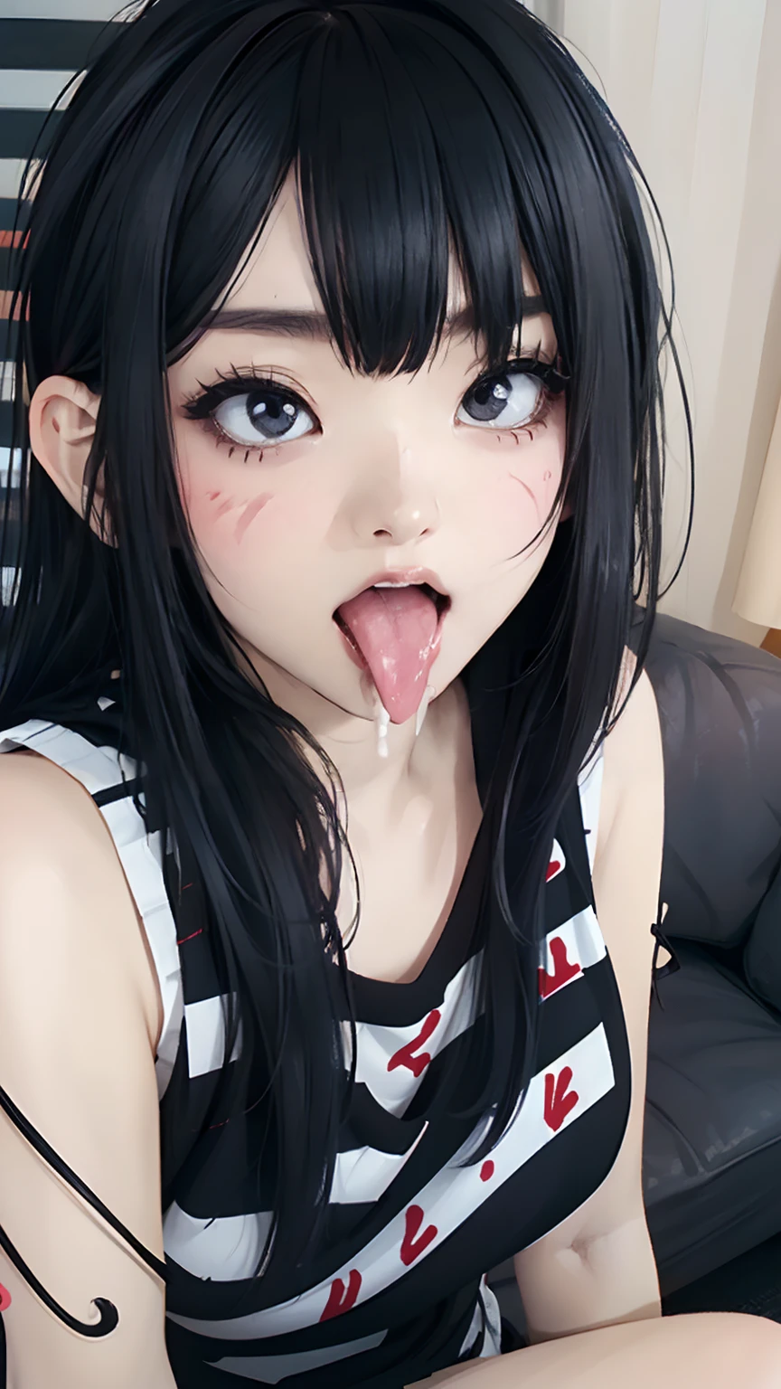 masterpiece, Highest quality, (Face close-up, Sticking out a long tongue, Ahegao:1.5), beautiful girl, happiness, smile, Beautiful and detailed, Narrow eyes, Dark Eyes, amount, Thin eyebrows, Eyelash extensions, (Black Hair, Straight Hair, middle part:1.3), Makeup for a date, (Striped sleeveless shirt:1.3), (living room:1.3)