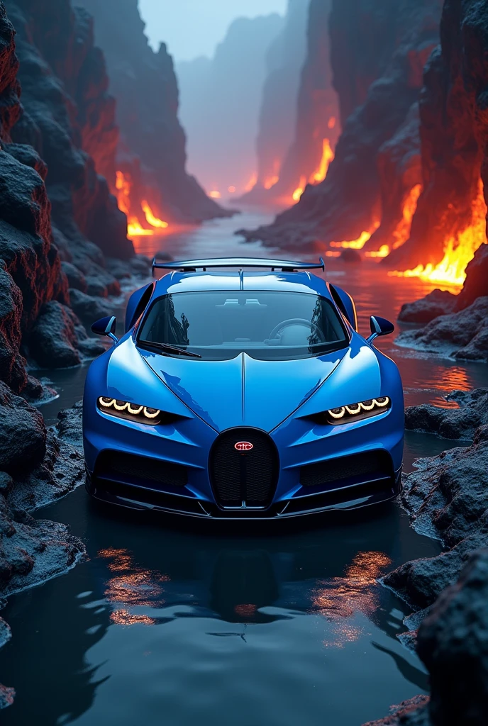 (photorealism:1.2), Bayside blue Bugatti Chiron Super Sport, with menancing stare, in the flaming abbysal trench