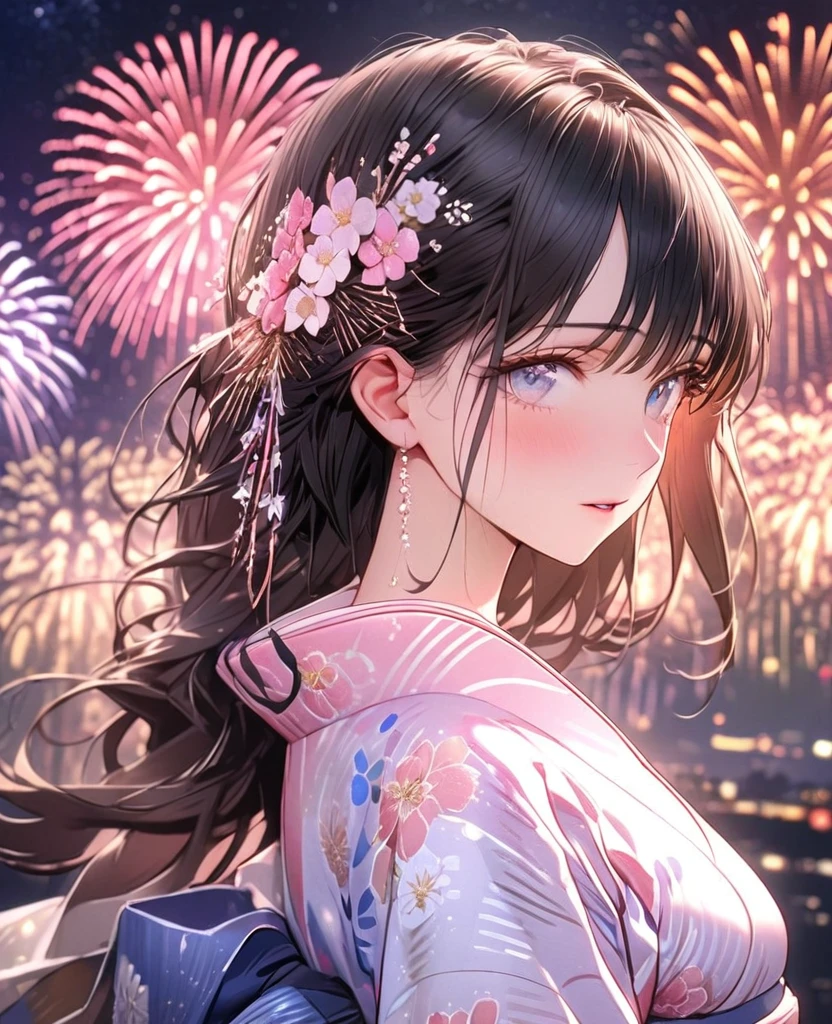 8k,Ephemeral beauty,Very delicate and beautiful,Beautiful and realistic skin,Shining like a jewel,Black Hair、Long and colorful hair,Beautiful Eyes,good,Beautiful night sky、beautiful Fireworks、White and pink Yukata、Shy