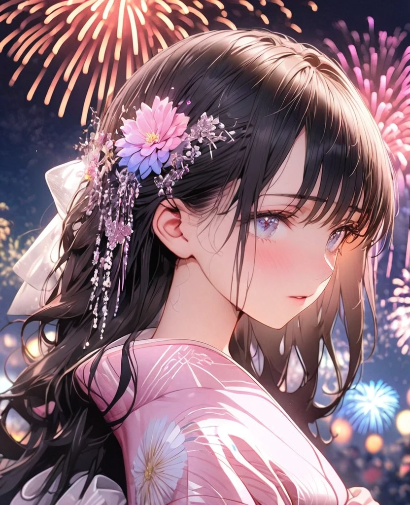 8k,Ephemeral beauty,Very delicate and beautiful,Beautiful and realistic skin,Shining like a jewel,Black Hair、Long and colorful hair,Beautiful Eyes,good,Beautiful night sky、beautiful Fireworks、White and pink Yukata、Shy