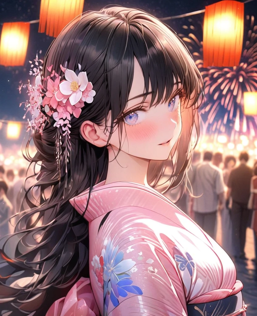 8k,Ephemeral beauty,Very delicate and beautiful,Beautiful and realistic skin,Shining like a jewel,Black Hair、Long and colorful hair,Beautiful Eyes,good,Beautiful night sky、beautiful Fireworks、White and pink Yukata、Shy