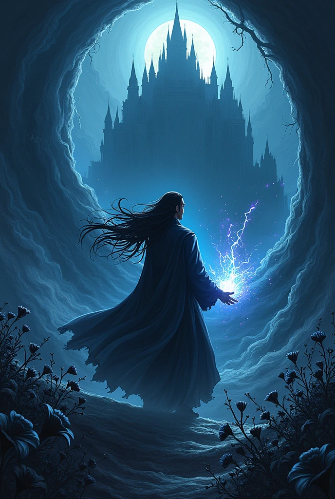 Create a man with the power to manipulate energies, with long black hair and a blindfold that detects enemies on his face within the dark abyss in anime style, on his side black flowers and an immense castle.