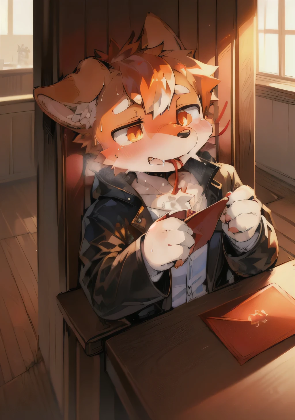 masterpiece, high quality, Absurd answer, number \(artwork\), by Dagasi, Yes,Seizan,(Fluffy fur:1.1),(bright:0.8),Anthropomorphic male husky. (Orange vertical pupils,Off-white fur, Body hair, Dog nose:1.2), bright eyes,panoramic,character focus.Detailed background,(Black trench coat, Sweating,Lying on his back in a chair, Playing with red string in hand,Holding an envelope in his mouth,Paws crossed on the table,Plump paws:1.2),(indoor, office:1.2)